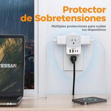 TESSAN 20W Regleta Multicontacto Pared, Protector de Sobretensiones con 3 Enchufes de CA y 4 USB (2 USB C), Conector Multiple Outlet para el Hogar, Oficina, Dormitorio, Viaje Accesorios, Gris PCHG - gris - Ver 6
