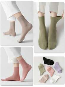 Calcetines A Media Pantorrilla Simples Y Cómodos De Moda De Color Sólido Para Mujer Para Primavera/otoño - Gris Oscuro - Ver 4