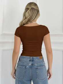 Set Of 3 Women's Baby Look Blouses With Square Neckline, Short Sleeves, Basic Shaping, Versatile, Casual Fashion, No Transparency, Fabric With Elastane, , Blogger Style, Affordable - BLUEBB-pINKBB-cOFFEE - View 3