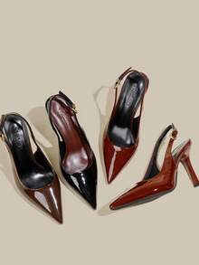 女士咖啡棕色漆皮尖头细跟闭趾高跟鞋，优雅正式时尚派对礼服鞋，带踝带 - 咖啡棕 - 查看 8