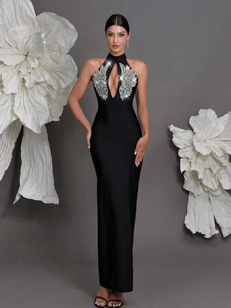 Handmade Beaded Halter Knit Bandage Dress, Luxury European Style New Evening Gown, Slit, Fashion Sexy Bodycon Dress For Family Parties, Cocktail