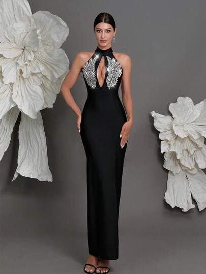 Handmade Beaded Halter Knit Bandage Dress, Luxury European Style New Evening Gown, Slit, Fashion Sexy Bodycon Dress For Family Parties, Cocktail