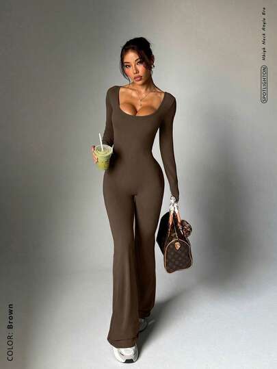 FWH Fashionable Outdoor Yoga, Pilates, Commuting, Dating, Layering Essential Stretchy Sexy Jumpsuit With Hip Ruching Design For Butt-Lifting And Leg-Slimming, Built-In Removable Bra, Long Sleeves, Elegant Back Design, High-End Flared Legs, Slimming High-Waist Tummy Control, Brightening Fresh Tone