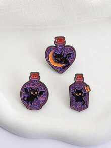 3pcs Magic Cat Enamel Pin Custom Black Cat Magic Potion Brooch Collar Badge Gothic Animal Brooch Halloween Gift For Friends - Multicolor - View 7