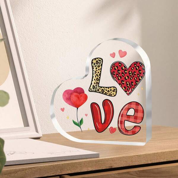 2D Acrylic Heart-Shaped Decor, 1pc, Valentine's Day Theme, Red & Leopard Print Heart Letter Combination, Suitable For Valentine's Day, Parties And Gift Decoration, Loving Design With Hearts And Flowers, Vibrant Colors, Festive Atmosphere, Desktop & Room Decoration