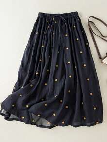 Women Flowy Elastic Waist Large Hem Pleated Skirt With Lining, Vintage Linen-Look Summer Long Skirt