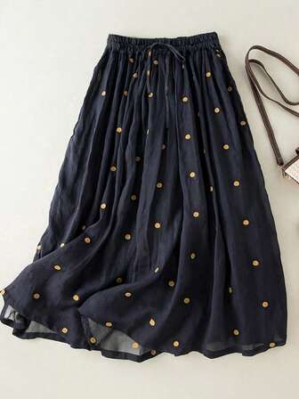 Women's Vintage Polka Dot Elastic Waist Pleated Skirt, Slimming, Large Size, Faux Linen, Flared, Lined, Blue Skirt