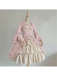 European And American Medieval Retro Gothic Court Dress With Square Collar, Waist Cinched, And Spliced Bow Tie Dress, Lolita Costume - 粉色 - 查看 6