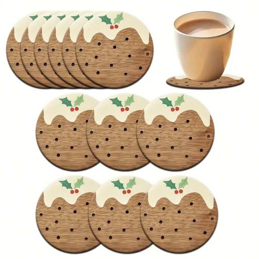 4pcs Christmas Pudding-Shaped Wooden Coasters - Wooden Coasters Suitable For Home, Office, Cafe, Tea Room Decoration, Table Decoration, Restaurant Decoration, And Can Also Be Given As Christmas Gifts. - Multicolor - View 1