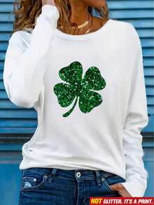 2025[St. Patrick's Day T-Shirt] Women's St. Patrick's Day Four-Leaf Clover Graphic T-Shirt - White Top With Green Glitter Print, Crew Neck Long Sleeve Shirt For Irish Parties, Everyday Fits - Machine Washable Casual Blouse, Seasonal Fashion, Playful Design, Durable Construction, Holiday Apparel, Party GoersSoft And Breathableoversized Hoodie, Sweatshirt 2025 - 白色 - 查看 2