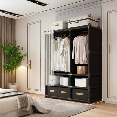 1 Pieza Perchero de Almacenamiento de Lienzo Independiente, Que Pesa Menos de 30 Libras con 2-3 Barras Colgantes y 3 Cajones - Sistema de Almacenamiento para Dormitorio con Panel Frontal de Cortina y Diseño Multiusos de Cajones, Fácil de Ensamblar.