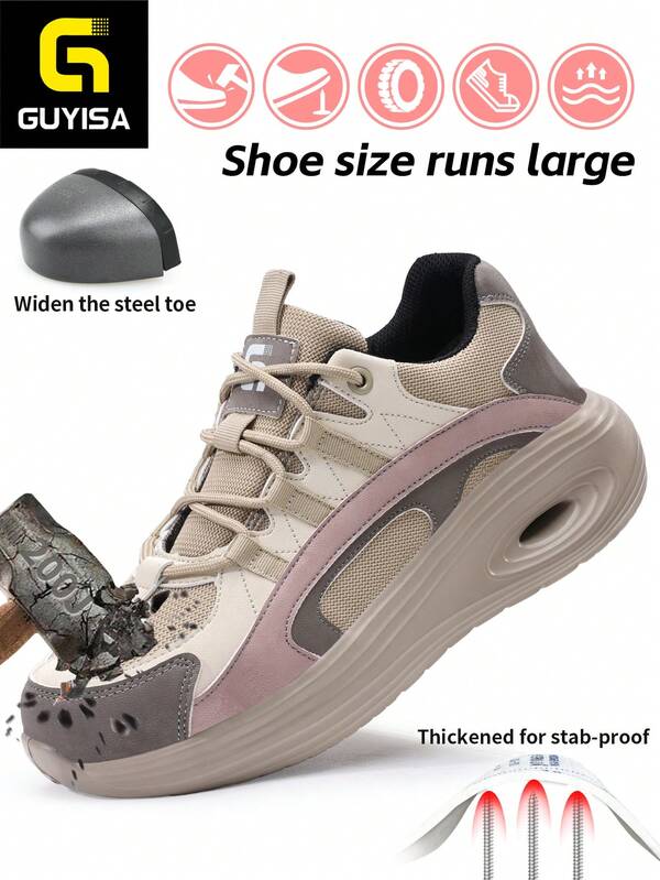 GUYISA Buty robocze z metalowymi noskami, odporne na rozbicie i przebicie, damskie, beżowe, niskie, lekkie i oddychające (rozmiary międzynarodowe różnią się, ten model jest zawyżony, prosimy o zamówienie rozmiaru mniejszego, aby lepiej dopasować)