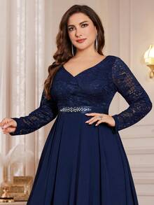 V-Neck Floral Lace Patchwork Chiffon Rhinestone Belt Formal Party Maxi Dress, Suitable For Valentine's Day, Wedding Guest, Birthday, Graduation Ceremony, Gala - Navy Blue - View 8