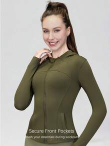 Women's Spring/Summer Hooded Sports Jacket, Winter Women's Jacket, Fashionable Yoga, Outdoor Running, Commuting, Elastic Comfort, Back Shaping, Abdominal Shaping, Slimming And Fitness, Running Sportswear, Zipper Elasticity, Minimalist Fashion, Sexy, Slim Fit, Long Sleeved Yoga Jacket - 軍綠色 - 查看 5