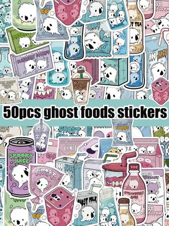 50pcs Ghost Foods Stickers Cute Spooky Halloween Themed For Scrapbooking Note Taking Desktop Walls Windows Skateboards Bikes Machine Cases Mugs Guitars Decorations Halloween Great For Rewards Gifts And Party Supplies Not Duplicated