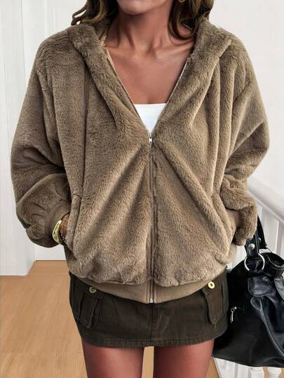 Women's Casual Commute Solid Color Zipper Long Sleeve Hooded Fluffy Loose Winter Warm Versatile Faux Fur Jacket, Suitable For Street Style, Airport Outfit, Outdoor Wear In Autumn/Winter