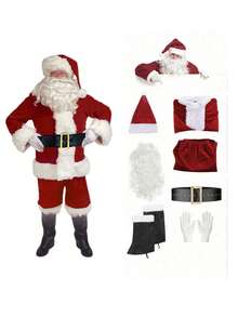 7pcs/Set Thick Velvet Santa Claus Costume, Adult Plus Size Santa Suit For Christmas Performance - Red - View 1