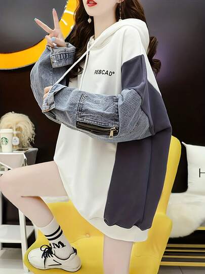 パーカー フード付き スウェット トレーナー レディース 長袖 デニム 切り替え 配色 ビックシルエット ゆったり 大きいサイズ プルオーバー 韓国ファッション 通勤 通学 春秋 大きめ トップス かわいい 原宿系