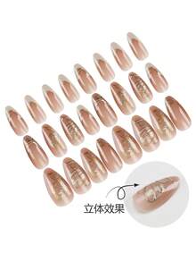 24 de bucăți de unghii adezive cu model migdalic/aripi aurite tridimensionale, asociate cu piese de artă pentru unghii franceze roz strălucitor/set de unghii false acrilice perfect potrivite, inclusiv 1 lipici jeleu și 1 pilă de unghii, potrivite pentru munca zilnică, studiul și întâlnirile femeilor în toamna și iarna. Produse pentru unghii potrivite pentru întâlniri, festivaluri și utilizare zilnică. - Multicolor - Vizualizare 3