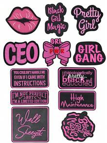 3/6/12 Stück rosa englische Buchstaben Serie gestickte Aufnäher, süßes Cartoon Mädchen Muster, Polyestermaterial, Abzeichen Aufkleber, zum Aufbügeln auf Kleidung, Nähzubehör, geeignet für Rucksäcke, Jeans, Jacken, T-Shirts, Hüte, Kleider usw.