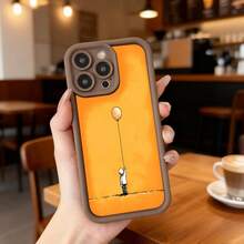 Cubierta de telefono con borde negro y parte trasera naranja con diseño de figura humana sosteniendo globo amarillo ideal para uso diario en cafeterias y espacios urbanos Aplicable a los teléfonos de la serie Apple y Galaxy - Café integral - Ver 7