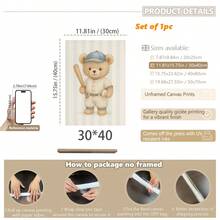 1pc, Canvas Wall Art, Framed Nursery Wall Decor, Teddy Bear Baseball Theme Painting, Teddy Bear Basketball Theme Painting, Teddy Bear Soccer Theme Painting, Sports-Themed Nursery Decor, Suitable For Children's Room Decor, Animal-Themed Nursery Art, Blue Striped Design Playroom Decor, Children's Room Artwork, Nursery Decorative Painting, Kindergarten Decor, Sports Enthusiast Decor Gift, Playroom Decor, Maternity Room Decor