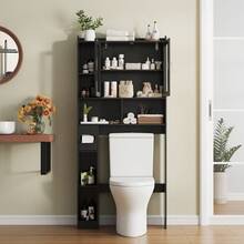 Vabches Over The Toilet Storage Cabinet, Over Toilet Bathroom Organizer With Multiple Storage Shelves, Toilet Paper Holder And 2 Acrylic Doors, Space-Saving Toilet Rack For Bathroom, Laundry, Restroom - màu đen - Xem 4