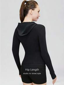 Women's Spring/Summer Hooded Sports Jacket, Winter Women's Jacket, Fashionable Yoga, Outdoor Running, Commuting, Elastic Comfort, Back Shaping, Abdominal Shaping, Slimming And Fitness, Running Sportswear, Zipper Elasticity, Minimalist Fashion, Sexy, Slim Fit, Long Sleeved Yoga Jacket - 黑色 - 查看 3