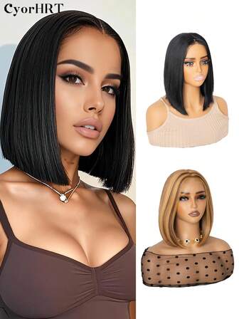 6X4 Dantel Ön Yapıştırıcısız Peruk Giy ve Git 10 İnç Sentetik Düz Peruk Kısa Düz Saç Patlamasız Sentetik Peruk Uzatma Saç Siyah Renk Giymesi Kolay Kadınlar İçin Uygun Günlük Tatil Parti Giyimi