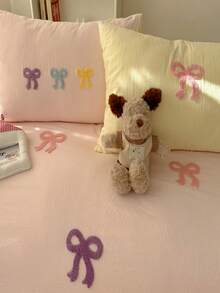 剪裁刺绣彩色蝴蝶结羽绒被套，白色床上用品 3 件套，包括 1 个羽绒被套和 2 个枕套，超柔软透气别致被套 - 粉色 - 查看 5