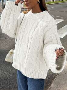 Suéter de cuello redondo oversize de punto de cable con mangas farol, suéter casual de unicolor grueso y cálido de moda de manga larga elegante y suave para mujer en otoño/invierno