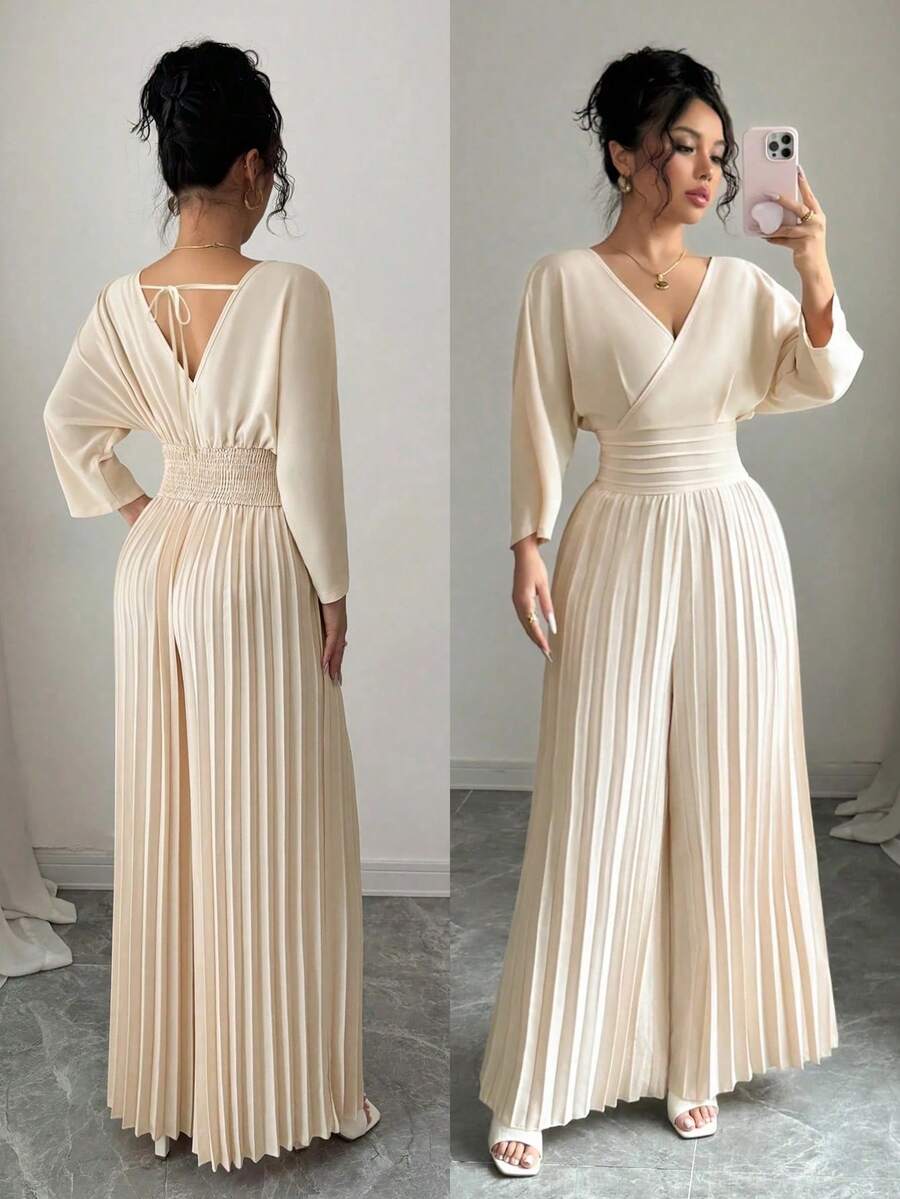 Mono elegante de pierna ancha con escote cruzado en V, mangas tipo murciélago y pliegues, en color liso para mujer - Albaricoque - Ver 1