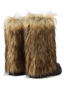 Women's Furry Mid Calf Boots Round Toe Chunky Heel Platform Boot With Side Zipper Design Winter Fold Over Snow Boots Fashion Snow Boot Warm Shoes For Christmas Halloween Party - 棕色 - 查看 4