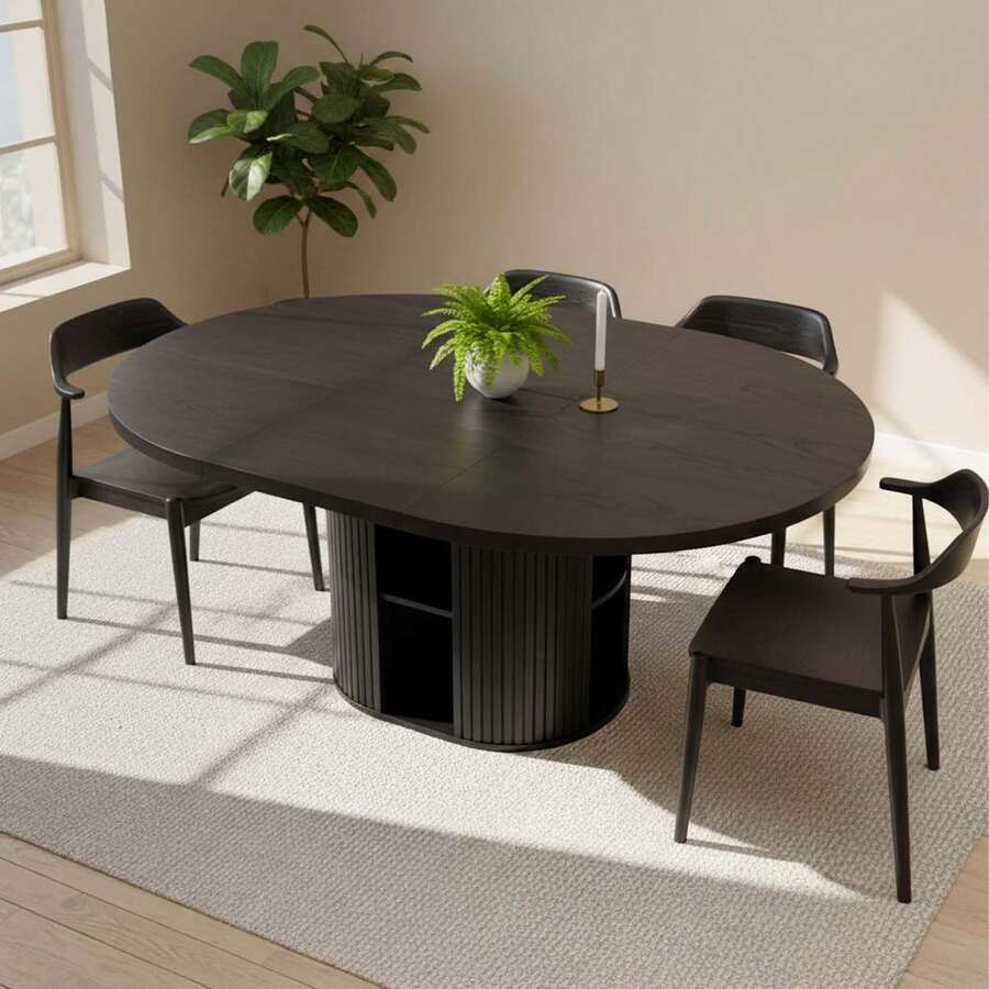 Advwin 43.3''–59'' Extendable Round Dining Table For 4–8, Modern Wood Oval Kitchen Table With Storage Shelf, Space-Saving Expandable Circle Dinner Table For Dining Room Or Living Room(Black) - 黑色 - 查看 1