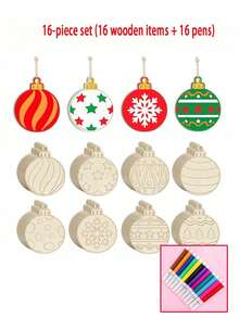 32set- Wooden Christmas Crafts, Children's DIY Paint-Your-Own Christmas Ornaments, Blank Unfinished Wooden Cutouts, Shape Slices, Hanging Decorations For Christmas Trees And Holiday Parties (Spherical), Winter Hanging Ornaments