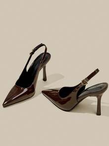 女士咖啡棕色漆皮尖头细跟闭趾高跟鞋，优雅正式时尚派对礼服鞋，带踝带 - 咖啡棕 - 查看 4