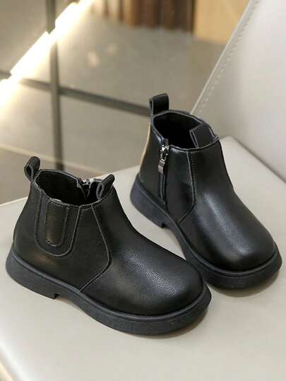 1 Pair Kids' Solid Color Knitted Elastic Pull-On Side Zipper Ankle Boots, Suitable For Outdoor & Daily Wear, Autumn/Winter
