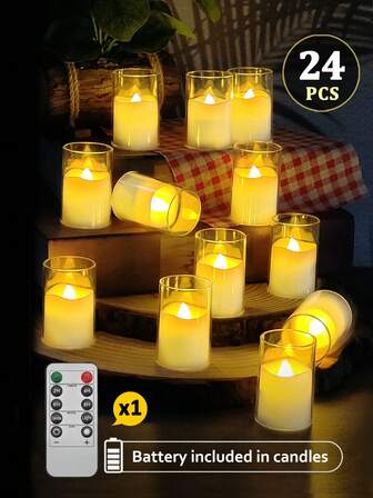 6/12/24pcs Flameless Candle Lights With Timer/Remote Control, Translucent Glass Shade LED Tea Lights, Battery Powered Flameless Votive Candles, Suitable For Home, Wedding, Party, Halloween, Christmas, Valentine's Day, Dining Table, Holiday Decor
