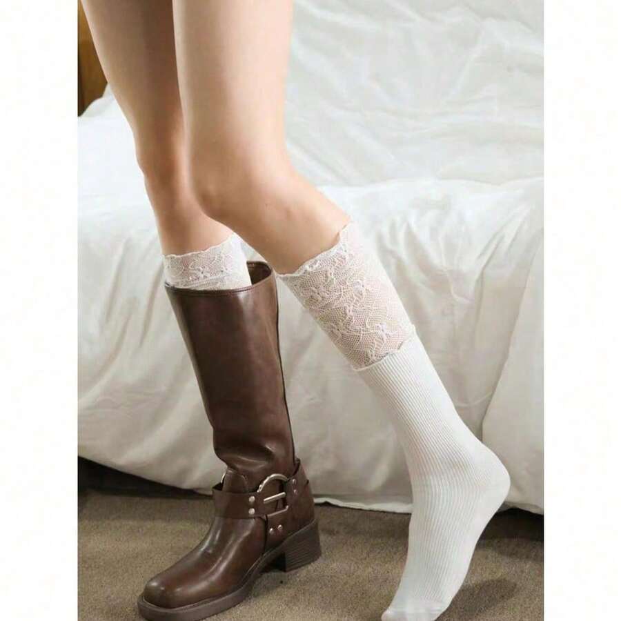 1 Pair White Lace Breathable Calf Socks, Random Delivery - 白色 - 查看 1