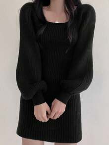 秋冬新款方领灯笼袖修身优雅针织长袖连衣裙