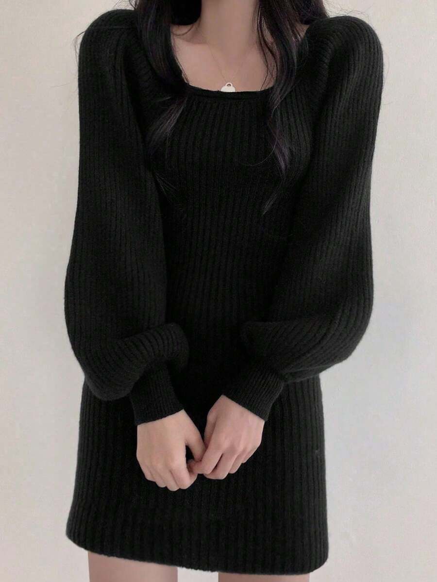 秋冬新款方领灯笼袖修身优雅针织长袖连衣裙