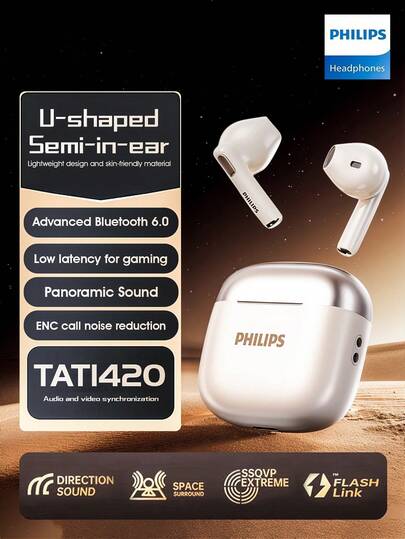  Philips neue Bluetooth 6.0 kabellose Ohrhörer, TAT1420, Hochwertige Klangqualität, halb-im-Ohr Design, Geräuschunterdrückung, Gaming Sport, universell für Xiaomi Apple Handy