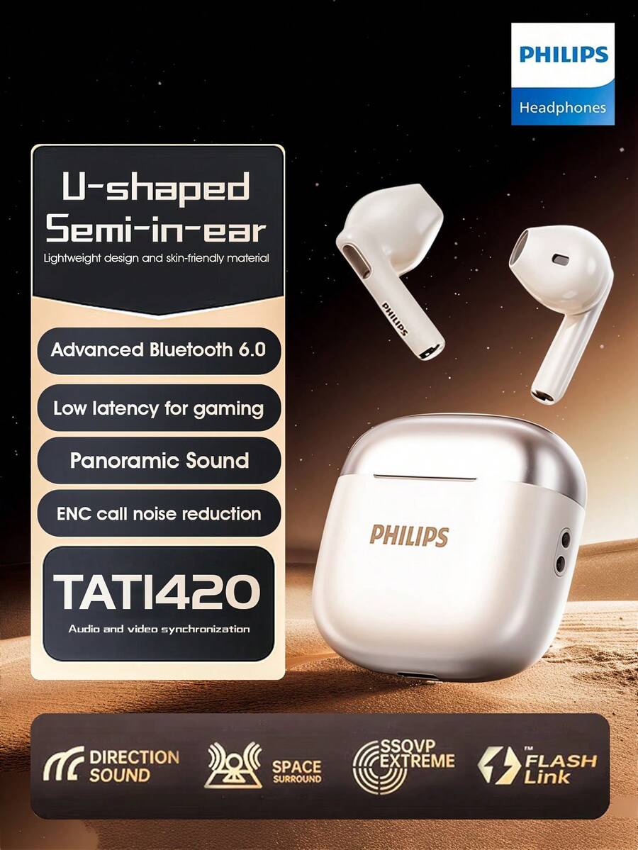 PHILIPS 飞利浦新款蓝牙6.0无线耳机，TAT1420，高保真音质，半入耳式设计，降噪功能，游戏运动通用，兼容小米和苹果手机 - 白色 - 查看 1