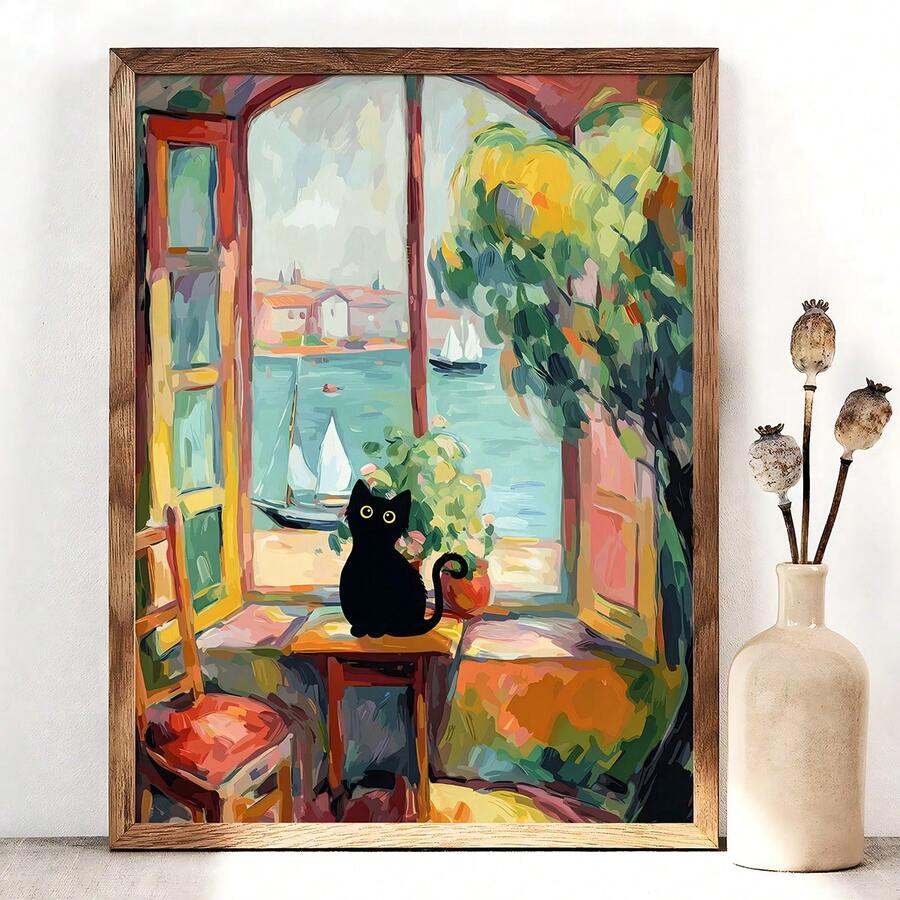1幅黑猫印花，猫咪海报，窗户敞开，猫咪艺术，印刷品，趣味猫咪印花，趣味礼物，家居装饰海报，黑猫礼物创意，帆布海报，帆布墙面装饰，房间装饰，家居装饰，客厅、卧室、走廊和浴室装饰的理想礼物，可选画框 - 彩色 - 查看 1