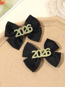 2pcs/Set 2026 Happy New Year Design Teen Girls Hair Bow Clips,Glitter 2026 Decor Black Fabric Headdress,Suitable For Teens New Year Festival Outfit Hair Accessories - Multicolor - View 3