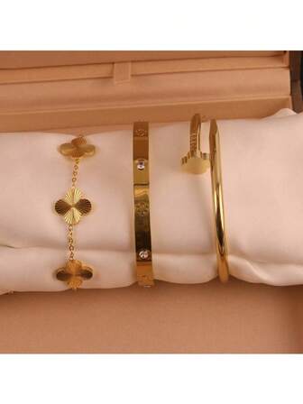 3pcs Four Leaf Clover Bracelet, Women's Titanium Steel Non Fading Stainless Steel Bracelet, Simple And Fashionable Temperament Accessory