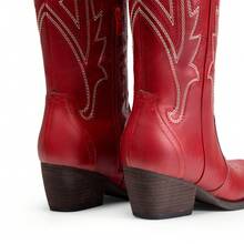 Womens Cowboy Cowgirl Knee High Boots Comfortable Pull-On Chunky Heel Embroidered Western Retro Tall Boots With Side Zipper - Đỏ - Xem 8