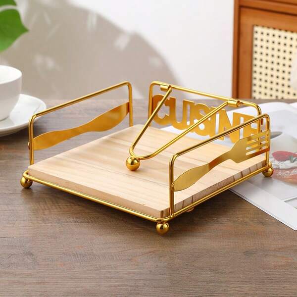 1 pezzo Portasalviette in metallo dorato con design "CUISINE", in materiale di ferro e legno, finitura elegante dorata con accenti a forma di forchetta, perfetto per tavolo da pranzo, piano cucina, caffè e decorazione ristorante