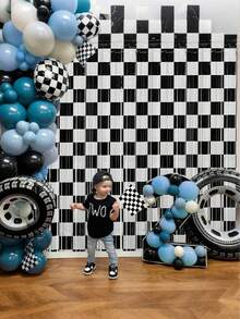 3pcs Racing Car Theme Tassel Backdrop, Suitable For Birthday Party Decoration, Size 3.28 X 6.56 Ft, Black & White Tassel Background, Photography Backdrop Props, Racing Car Theme, Fit For Baby Shower, Boy Birthday Party And More