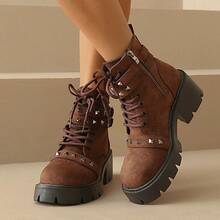 Giày bốt đế vuông đế dày cổ điển, bốt ngắn cổ chân đa năng thường ngày, bốt thời trang buộc dây có khóa trang trí cho mùa thu/đông 2025, giày cao gót màu đỏ tía - màu nâu - Xem 10